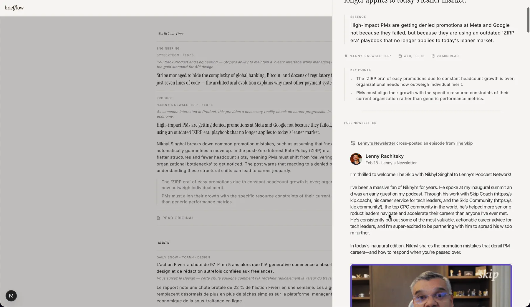 The finished briefflow gazette in a paper-and-ink editorial design: a serif Worth Your Time column with a per-item relevance line, and a reading panel open on the right showing an Essence summary, Key Points, and the full original newsletter