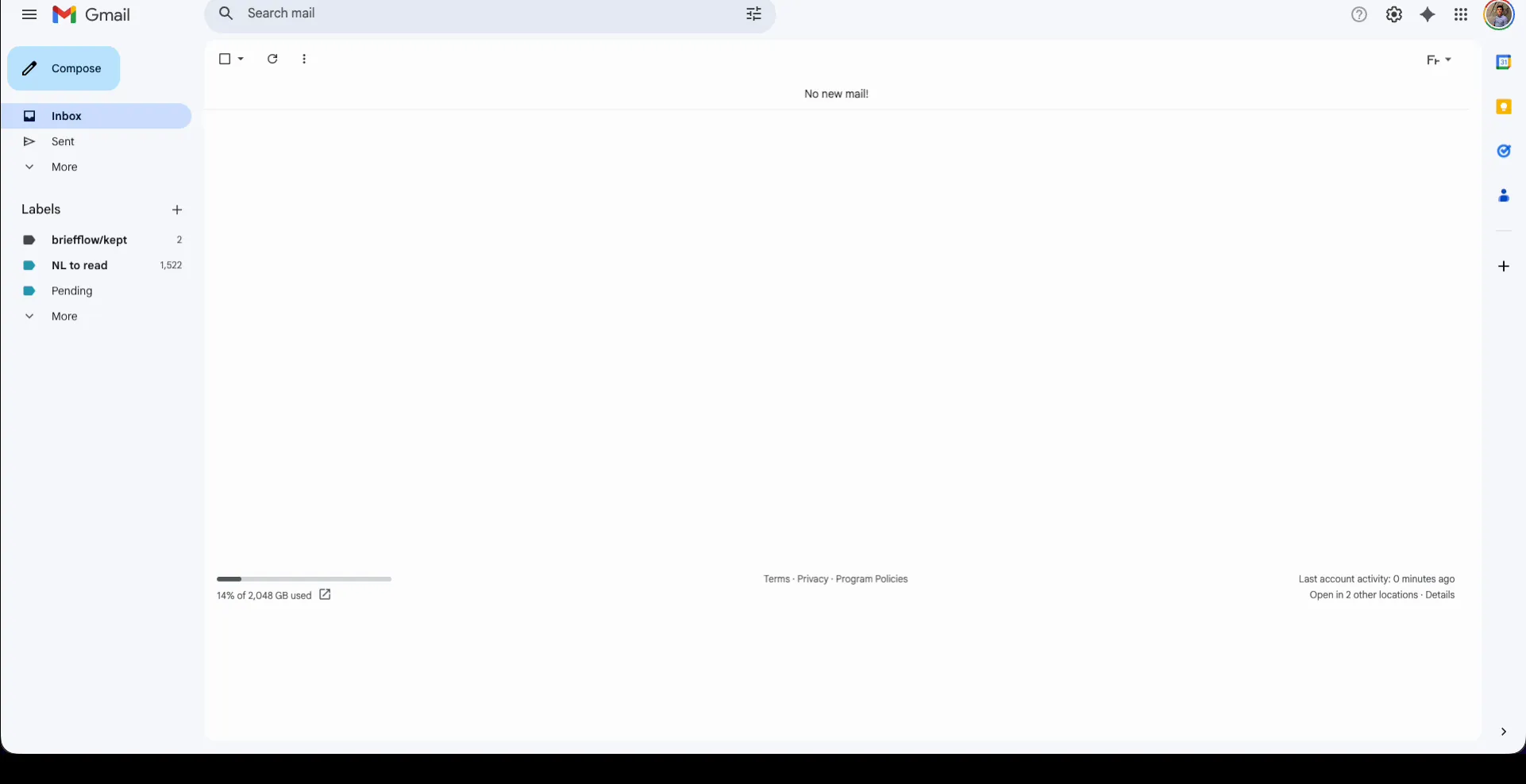 My real Gmail label sidebar showing briefflow/kept with 2, NL to read with 1,522 unread newsletters, and Pending