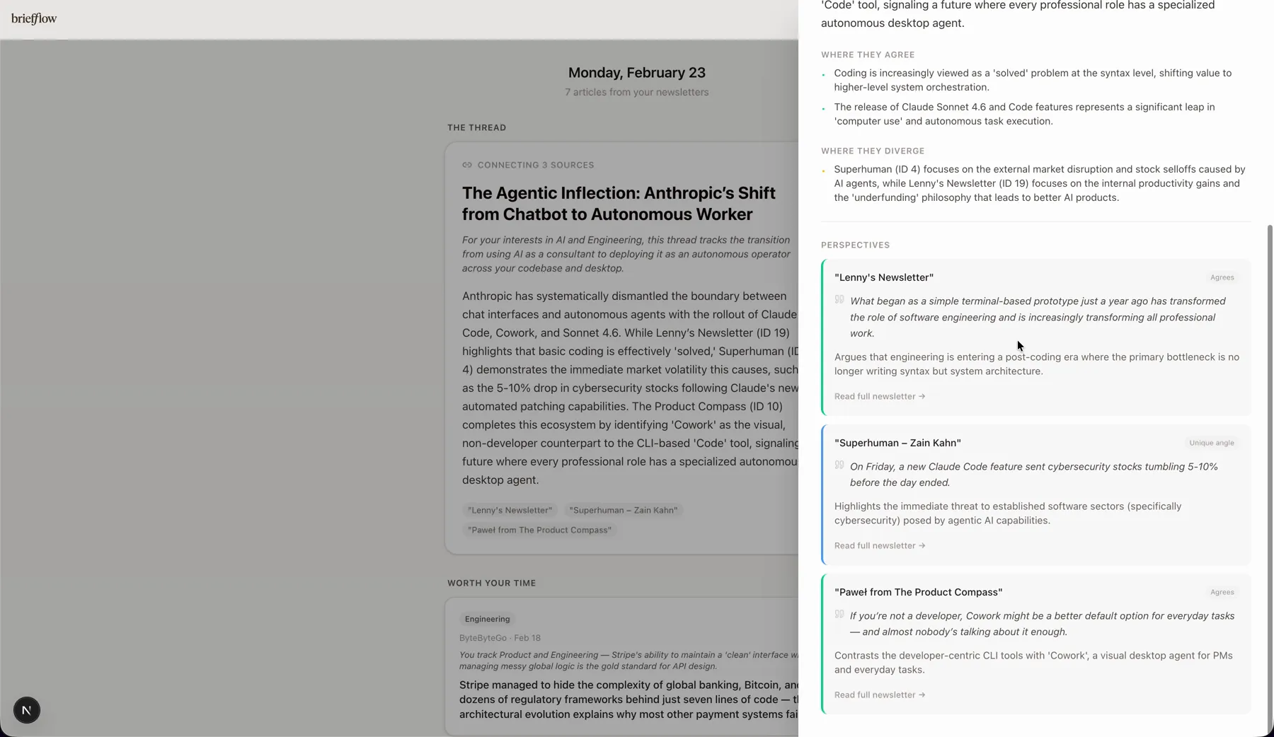 A briefflow thread titled The Agentic Inflection: Anthropic's shift from chatbot to autonomous worker, marked Connecting 3 Sources, with a slide-over panel showing Where They Agree, Where They Diverge, and per-source Perspectives from Lenny's Newsletter, Superhuman and The Product Compass, each with a verbatim quote and a stance label