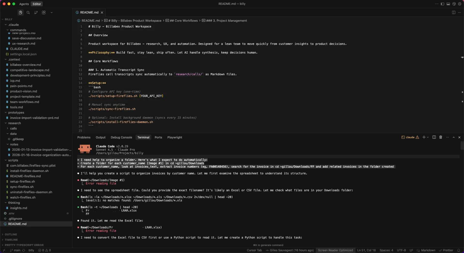 Terminal output from organize_invoices.py showing customer folders being created and PDFs copied