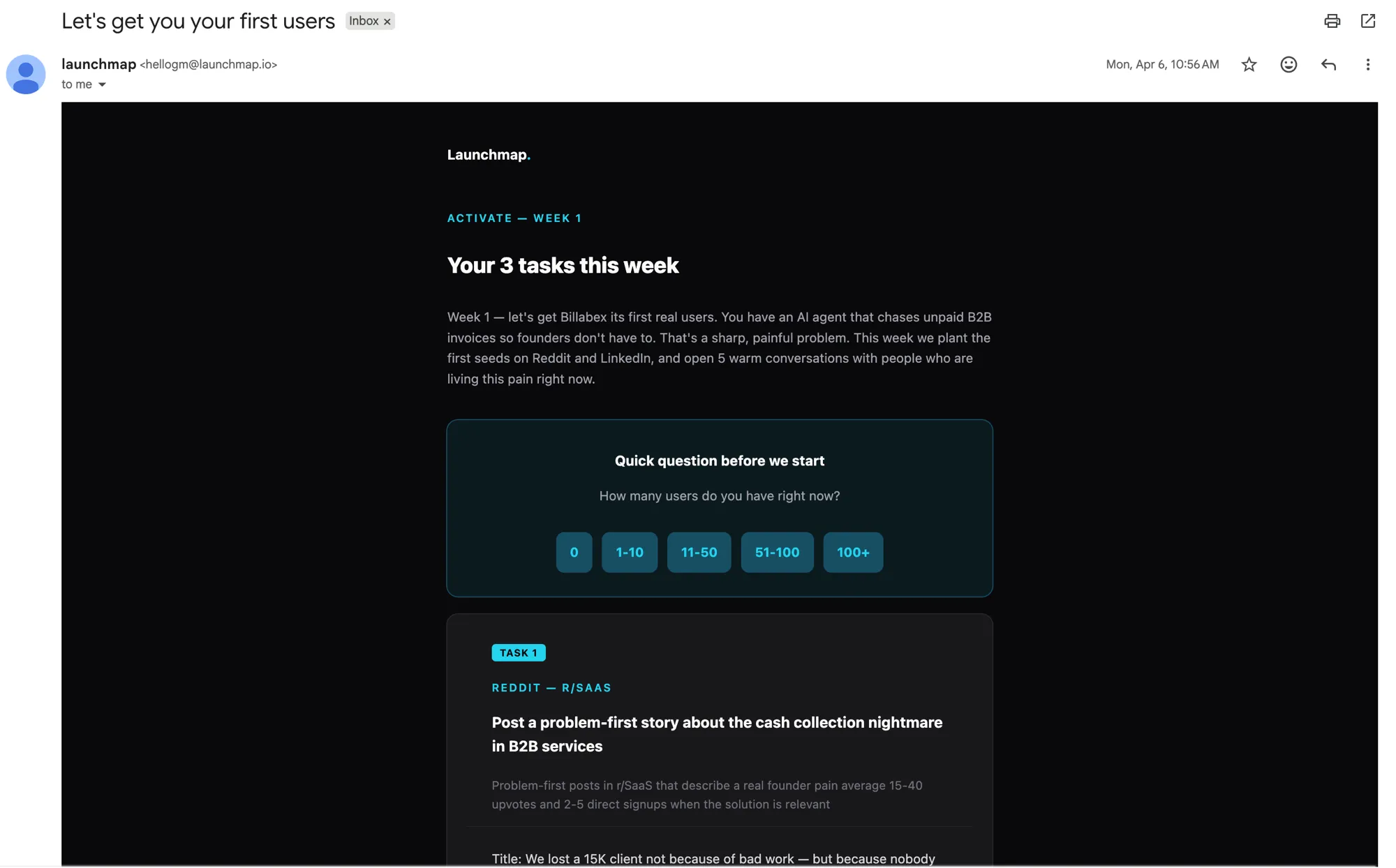 Week 1 coaching email from Launchmap, subject 'Let's get you your first users', with an ACTIVATE — WEEK 1 label, a 'Your 3 tasks this week' heading, a 'how many users do you have right now?' check-in offering 0 / 1-10 / 11-50 / 51-100 / 100+ buttons, and a first task to write a problem-first Reddit post for r/SaaS