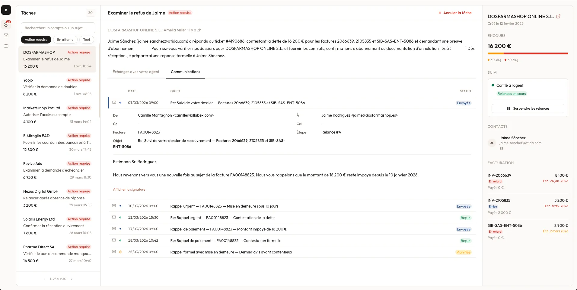 V4 of the Communications module: a master-detail accordion log with a flat chronological table of messages, one row expanded inline to show the full email body