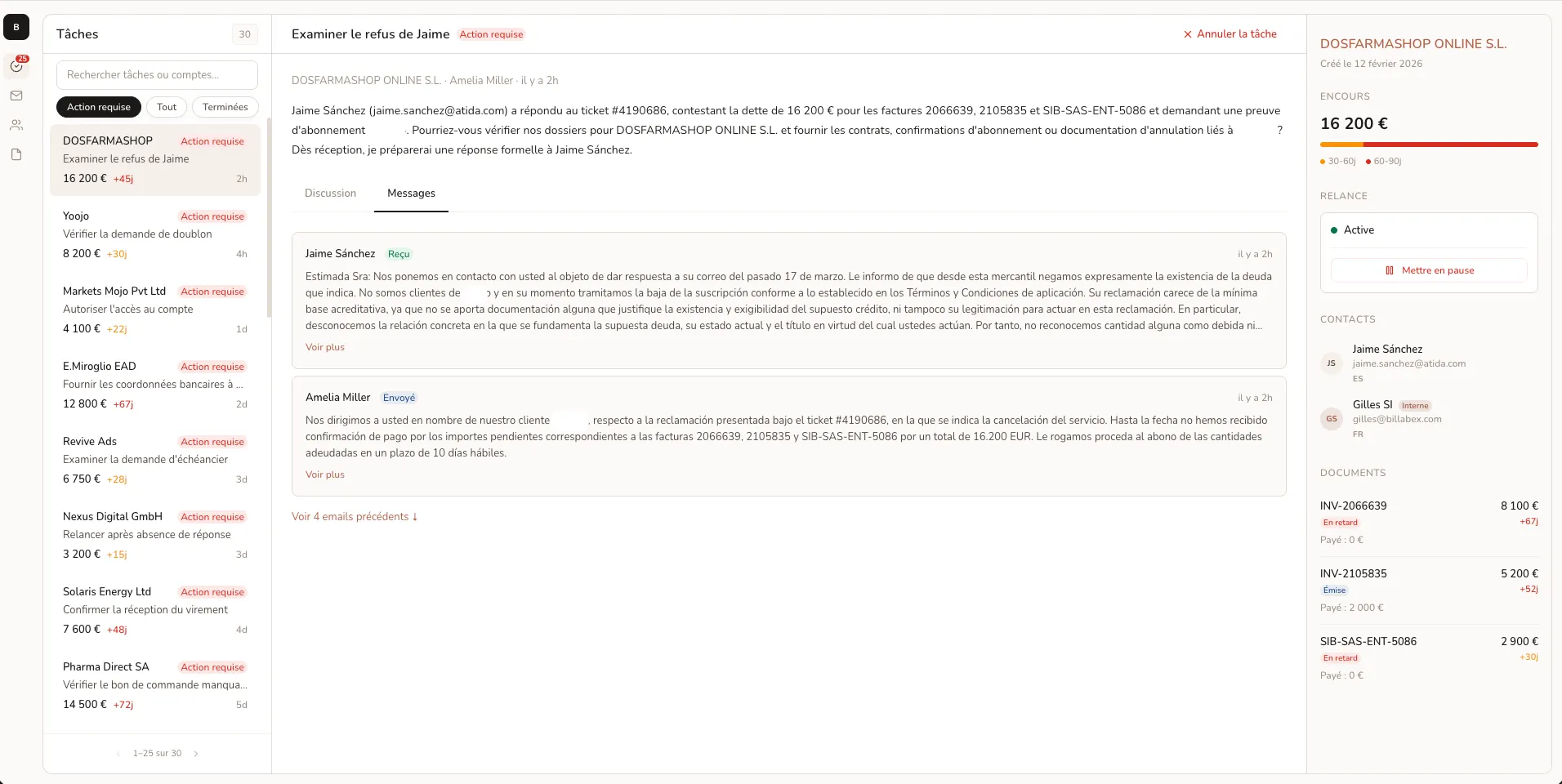V1 prototype of the Communications module showing customer messages as chronological chat bubbles flowing down the page